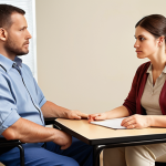 **A compassionate disability rehabilitation counselor attentively listening to a client, showing empathy and understanding in a warm and inviting office setting.**