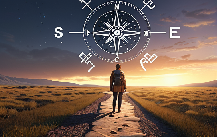 A contemplative rehabilitation counselor stands at a metaphorical crossroads, reflecting on a long career path behind them. The path ahead opens into a bright, uncharted landscape, subtly showing digital symbols and new industry opportunities. A glowing compass points towards new horizons, symbolizing introspection, courage, and the start of a transformative journey. The mood is hopeful and serene, with soft, inspiring lighting.