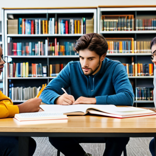 **Image Prompt:** A diverse group of students, fully clothed in appropriate attire, collaborating around a table with books and notes, modern library background, engaged and focused expressions, safe for work, professional study environment, perfect anatomy, correct proportions, family-friendly.