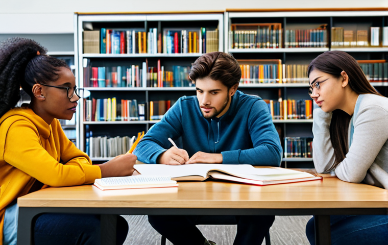 **Image Prompt:** A diverse group of students, fully clothed in appropriate attire, collaborating around a table with books and notes, modern library background, engaged and focused expressions, safe for work, professional study environment, perfect anatomy, correct proportions, family-friendly.