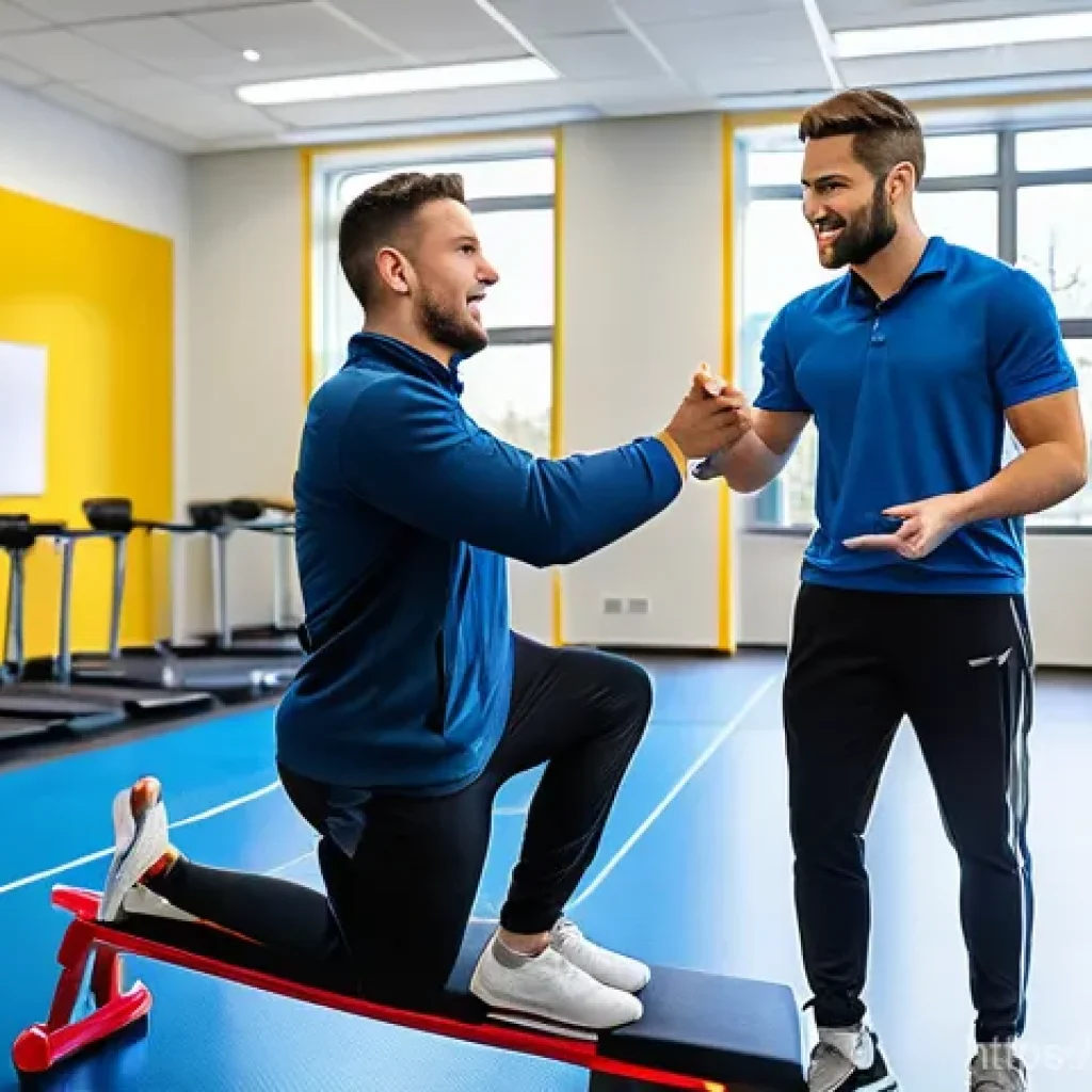 장애인재활상담사 실무 연수 - A vibrant scene inside a modern rehabilitation center where a professional rehabilitation counselor,...