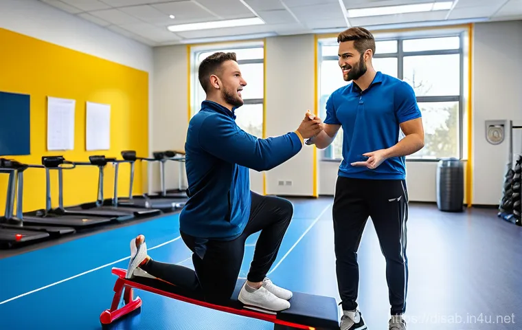 장애인재활상담사 실무 연수 - A vibrant scene inside a modern rehabilitation center where a professional rehabilitation counselor,...