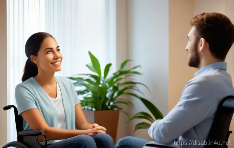 장애인재활상담사 상담 스킬 - **Image Prompt 1: Empathetic Counseling Session**
A warm and inviting counseling room with soft ...