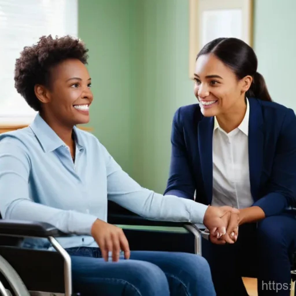 장애인재활상담사 직업 탐구 - A warm and empathetic scene inside a brightly lit counseling room. A disability rehabilitation couns...