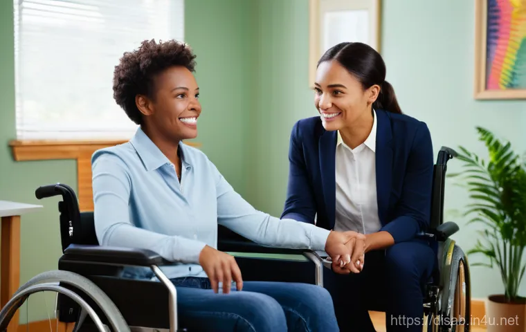 장애인재활상담사 직업 탐구 - A warm and empathetic scene inside a brightly lit counseling room. A disability rehabilitation couns...