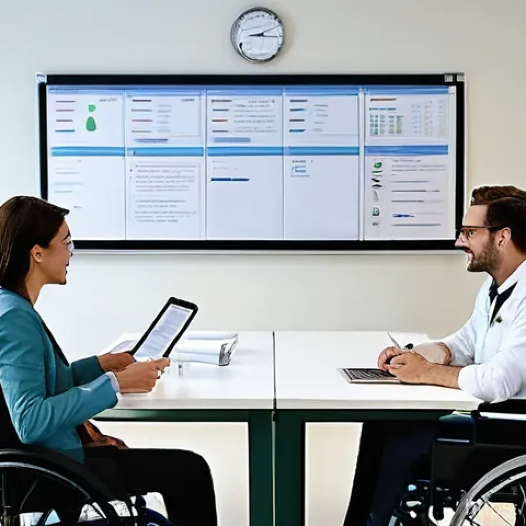 장애인재활상담사 임상 사례 - **Interdisciplinary Rehabilitation Team Meeting:** A bright, modern rehabilitation center conference...