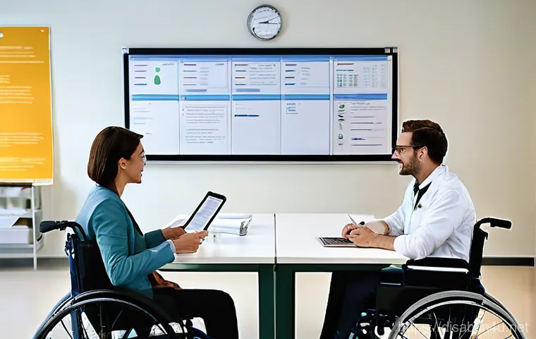 장애인재활상담사 임상 사례 - **Interdisciplinary Rehabilitation Team Meeting:** A bright, modern rehabilitation center conference...