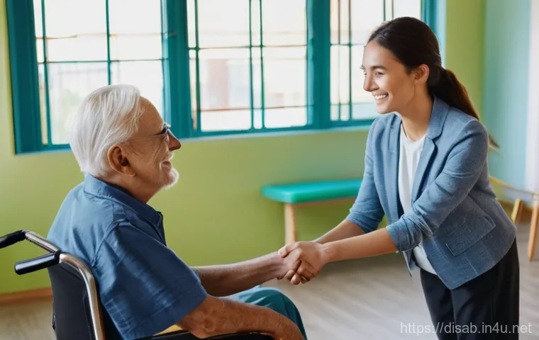 장애인재활상담사 자격증 영어 자료 - **Prompt:** A heartwarming scene in a modern, sunlit community rehabilitation center. A compassionat...