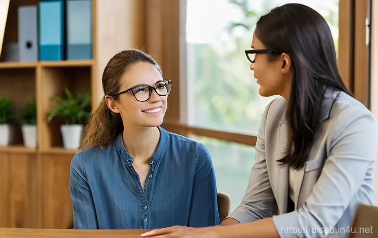 장애인재활상담사와 인권 교육 - **Prompt 1: Empathetic Guidance by a Rehabilitation Counselor**
A heartwarming and realistic ima...