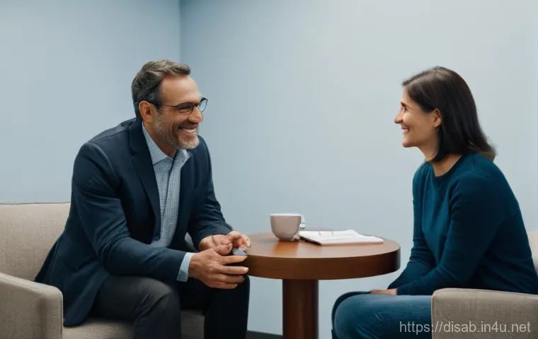 장애인재활상담사 직무별 역량 평가 - A disability rehabilitation counselor, a kind and professional woman in her late 30s, is seated at a... 장애인재활상담사 직무별 역량 평가 - A disability rehabilitation counselor, a kind and professional woman in her late 30s, is seated at a...