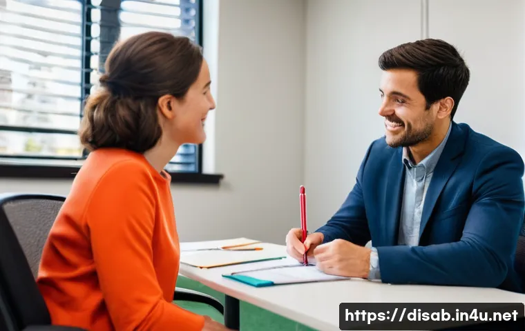 장애인재활상담사 업무 워라밸 - A compassionate and professional disability rehabilitation counselor, a woman in her late 30s, with ...