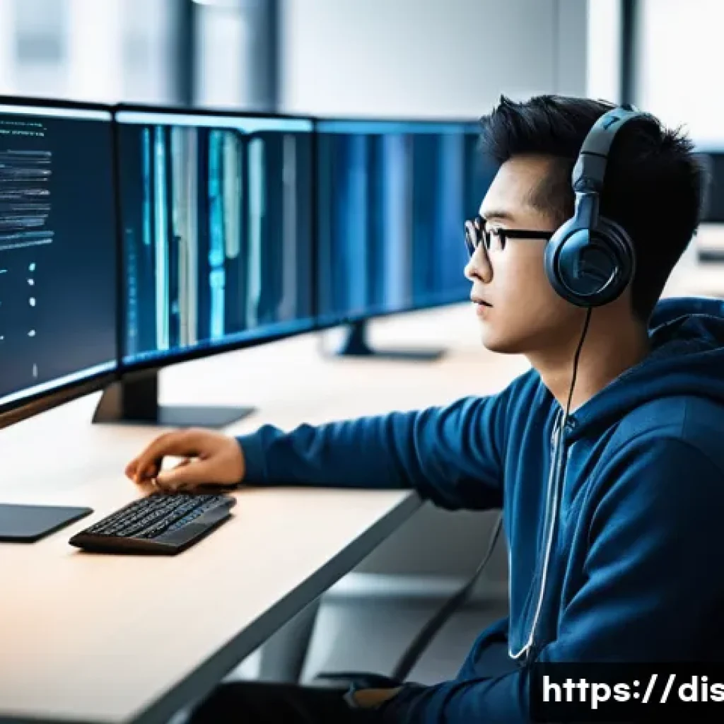 장애인재활상담사 커리어 개발 - **Prompt 1: Empowering Deaf IT Developer in a Modern Workspace**
A young East Asian man, a deaf ...